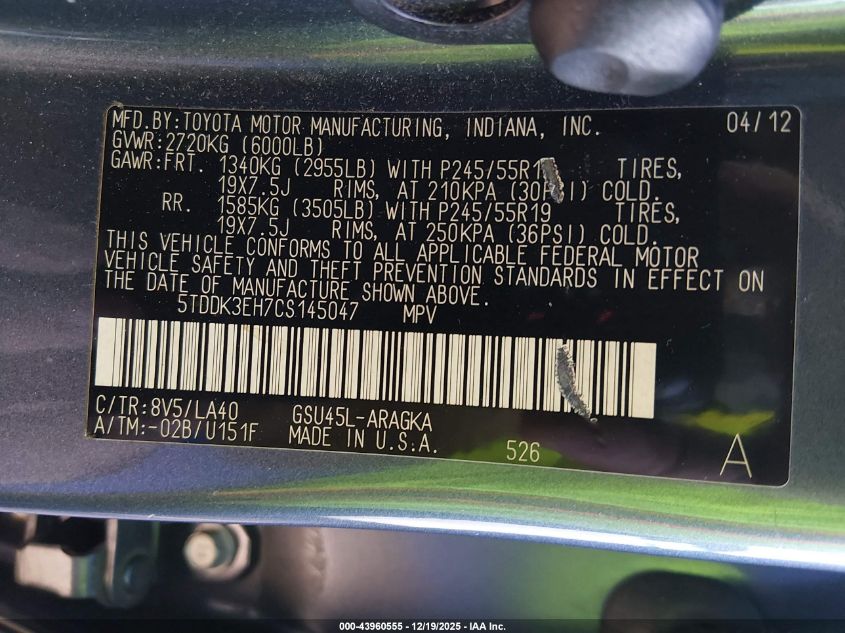 2012 Toyota Highlander Limited V6 VIN: 5TDDK3EH7CS145047 Lot: 43960555