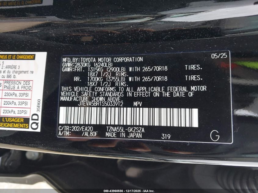 2025 Toyota 4Runner Trd Off Road Premium VIN: JTEVA5BR1S5033912 Lot: 43960556