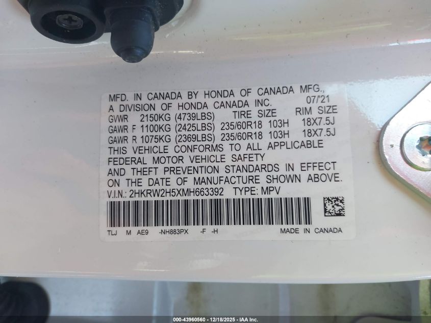 2021 Honda Cr-V Awd Ex VIN: 2HKRW2H5XMH663392 Lot: 43960560