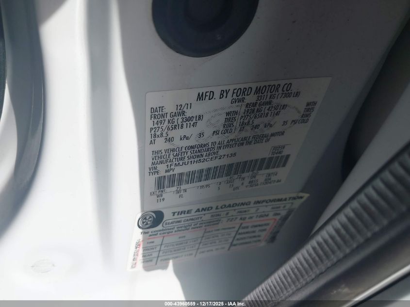 2012 Ford Expedition Xlt VIN: 1FMJU1H52CEF27135 Lot: 43960559