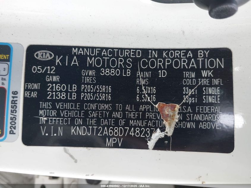 2013 Kia Soul + VIN: KNDJT2A68D7482370 Lot: 43960562