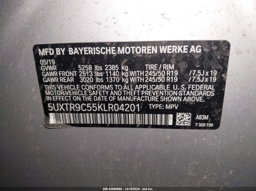 2019 BMW X3 xDrive30I VIN: 5UXTR9C55KLR04201 Lot: 43960566