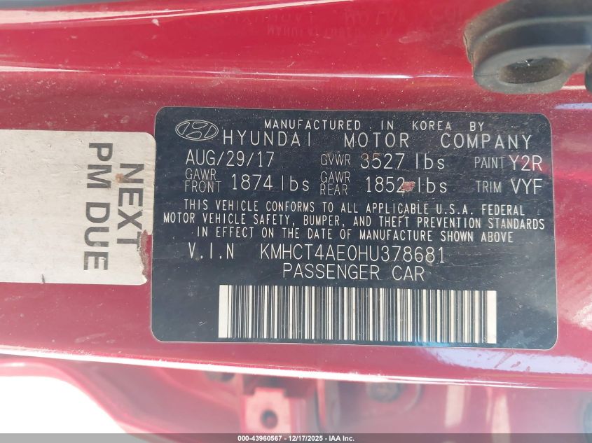 2017 Hyundai Accent Se VIN: KMHCT4AE0HU378681 Lot: 43960567