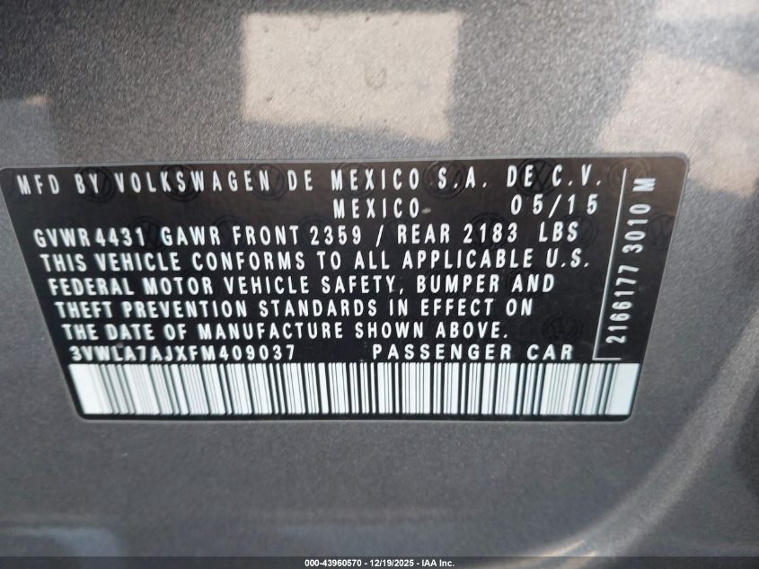 2015 Volkswagen Jetta 2.0L Tdi Sel VIN: 3VWLA7AJXFM409037 Lot: 43960570