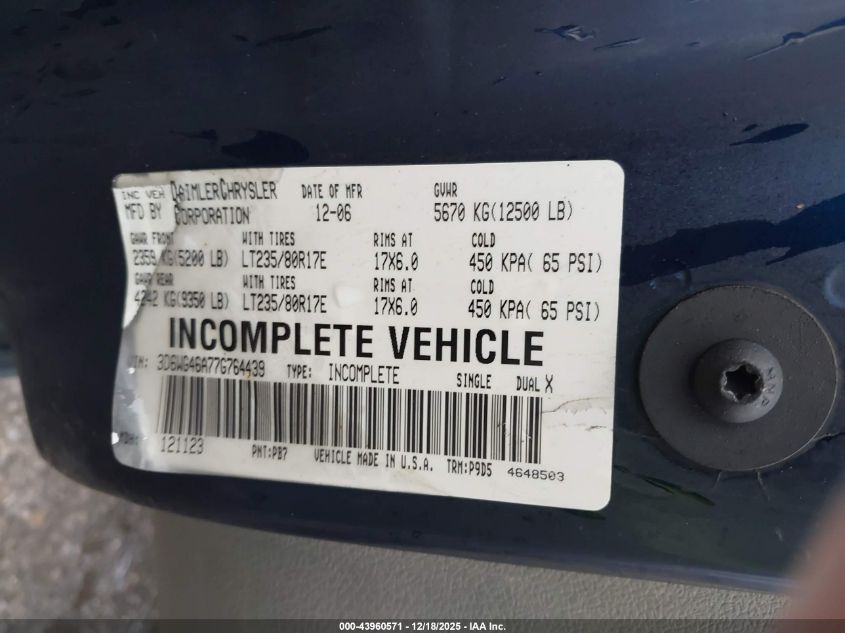 2007 Dodge Ram 3500 Hd Chassis St/Slt VIN: 3D6WG46A77G764439 Lot: 43960571