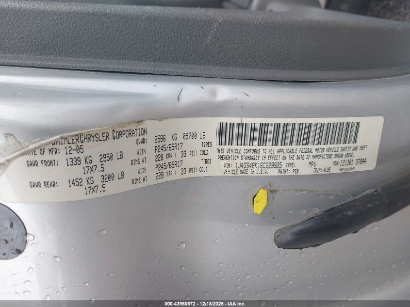 2006 Jeep Grand Cherokee Laredo VIN: 1J4GS48K16C229925 Lot: 43960572