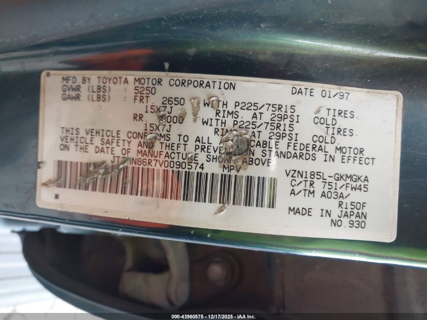 1997 Toyota 4Runner Sr5 V6 VIN: JT3HN86R7V0090574 Lot: 43960575