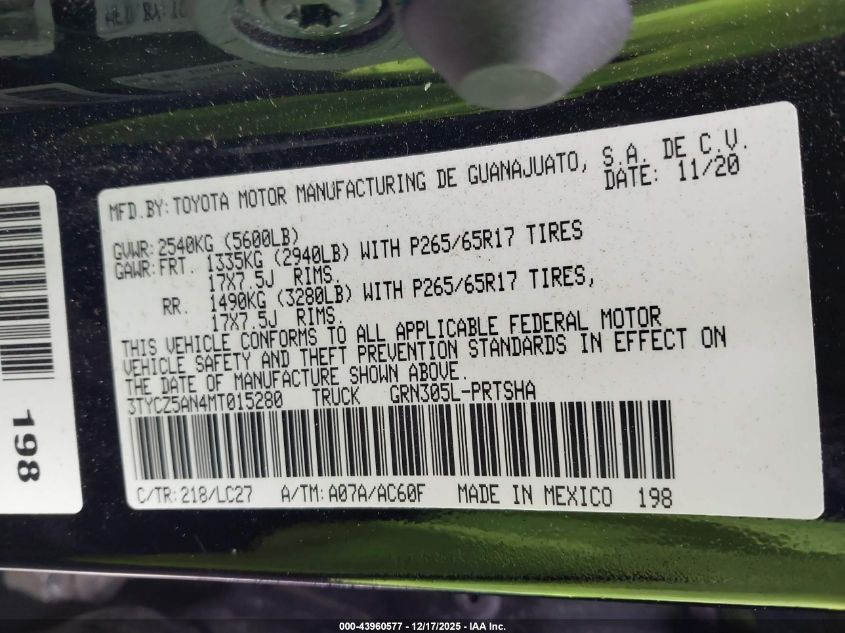 2021 Toyota Tacoma Trd Sport VIN: 3TYCZ5AN4MT015280 Lot: 43960577