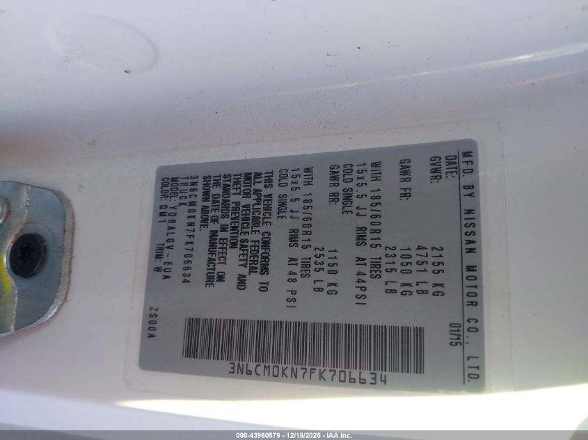 2015 Nissan Nv200 Sv VIN: 3N6CM0KN7FK706634 Lot: 43960579