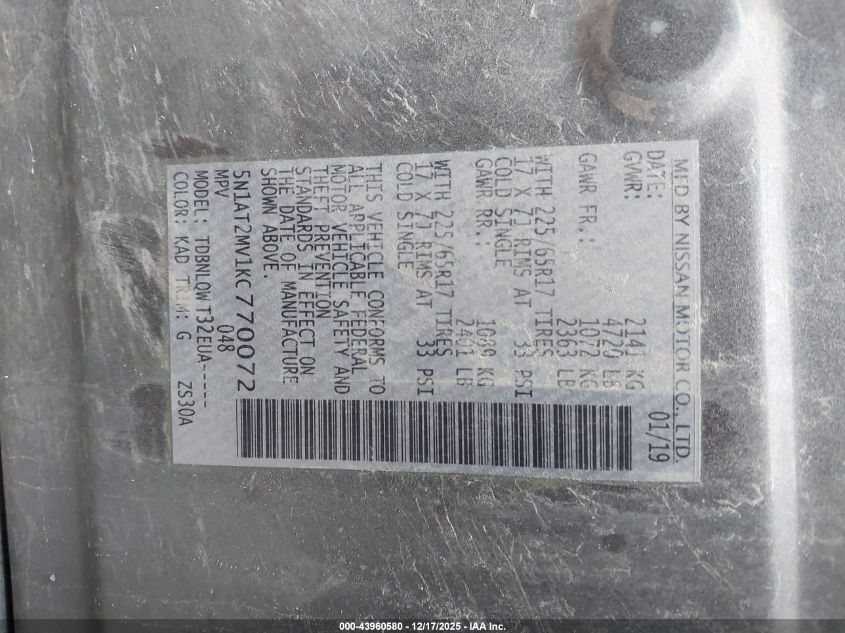 2019 Nissan Rogue Sv VIN: 5N1AT2MV1KC770072 Lot: 43960580