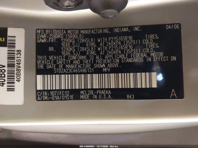 2006 Toyota Sienna Le VIN: 5TDZA23C46S486131 Lot: 43960583