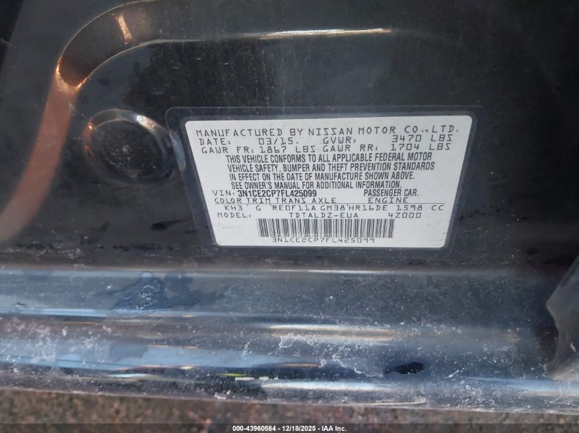 2015 Nissan Versa Note S (Sr)/S Plus/Sl/Sr/Sv VIN: 3N1CE2CP7FL425099 Lot: 43960584