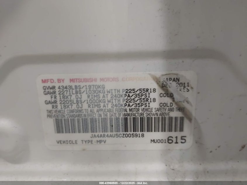 2012 Mitsubishi Outlander Sport Se VIN: JA4AR4AU5CZ005918 Lot: 43960585