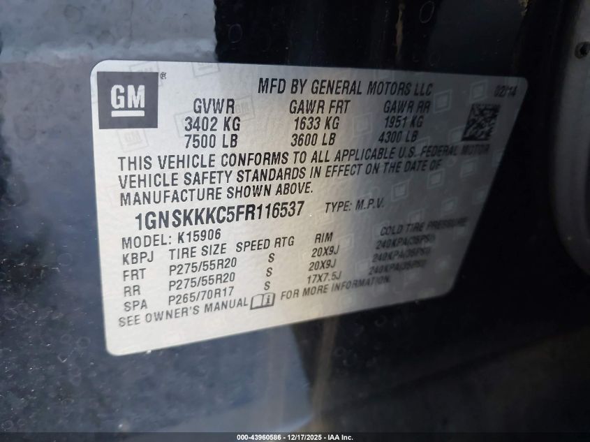 2015 Chevrolet Suburban 1500 Ltz VIN: 1GNSKKKC5FR116537 Lot: 43960586