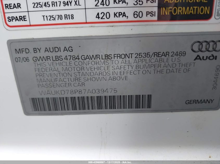 2007 Audi A3 3.2 VIN: WAUKD78P87A039475 Lot: 43960587