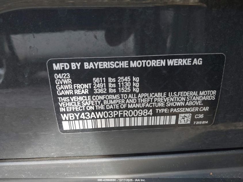 2023 BMW I4 Edrive35 VIN: WBY43AW03PFR00984 Lot: 43960590