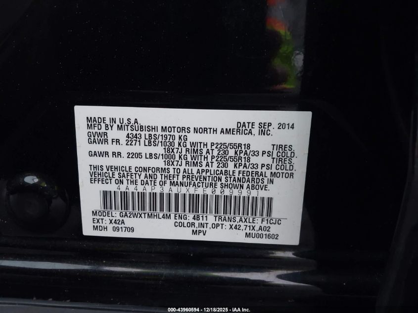 2015 Mitsubishi Outlander Sport Es VIN: 4A4AP3AUXFE009991 Lot: 43960594