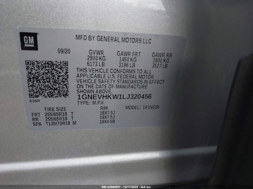 2020 Chevrolet Traverse Awd Lt Leather VIN: 1GNEVHKW1LJ320456 Lot: 43960597