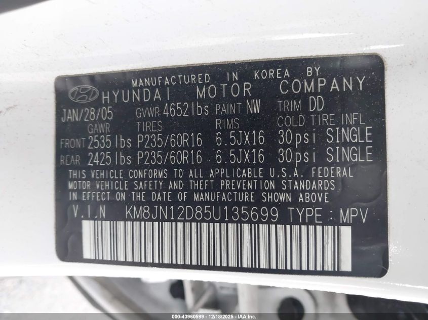 2005 Hyundai Tucson Gls/Lx VIN: KM8JN12D85U135699 Lot: 43960599