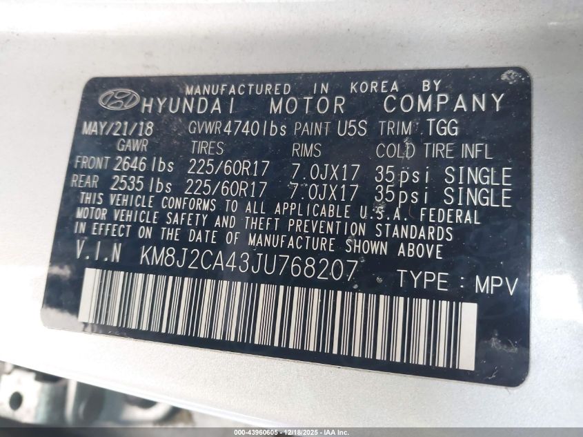 2018 Hyundai Tucson Se VIN: KM8J2CA43JU768207 Lot: 43960605