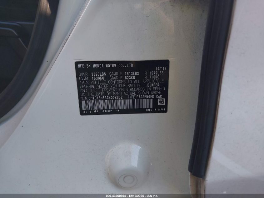 2016 Honda Fit Lx VIN: JHMGK5H53GX008602 Lot: 43960604