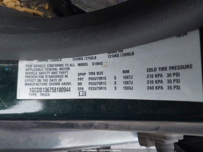 2005 Chevrolet Colorado Ls VIN: 1GCDS136758180944 Lot: 43960608