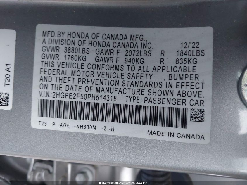 2023 Honda Civic Sport VIN: 2HGFE2F50PH514318 Lot: 43960610