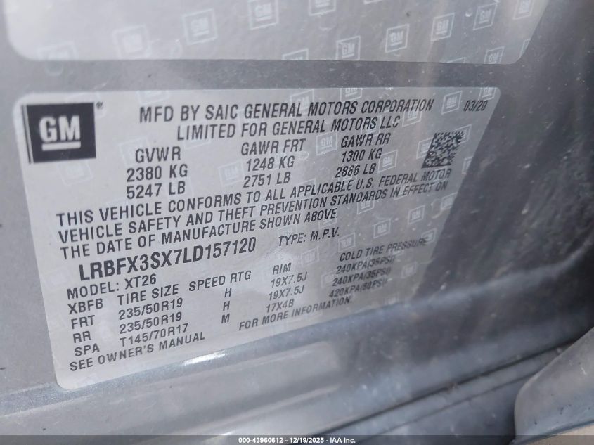 2020 Buick Envision Awd Premium I VIN: LRBFX3SX7LD157120 Lot: 43960612