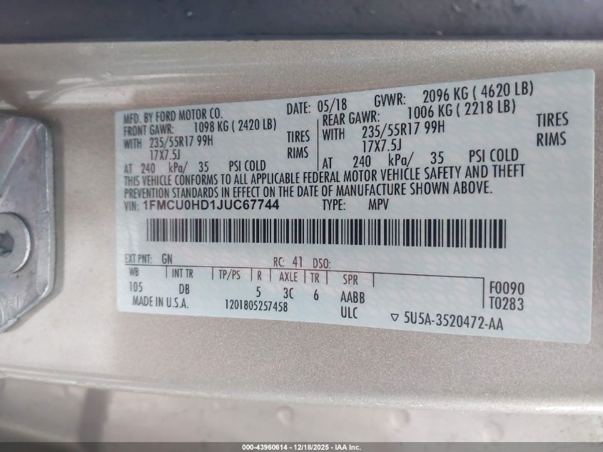 2018 Ford Escape Sel VIN: 1FMCU0HD1JUC67744 Lot: 43960614