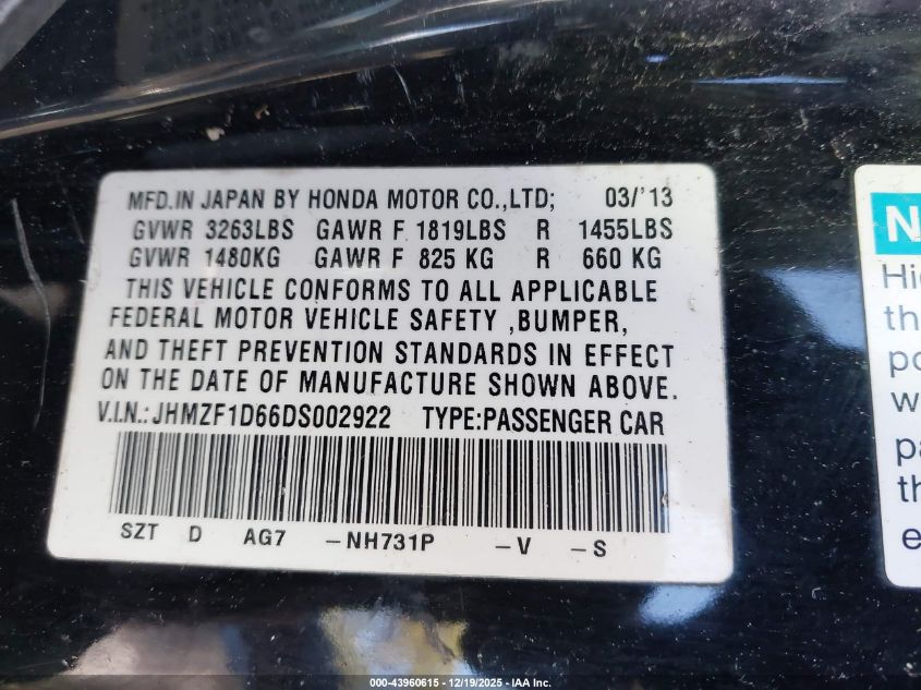 2013 Honda Cr-Z Ex VIN: JHMZF1D66DS002922 Lot: 43960615