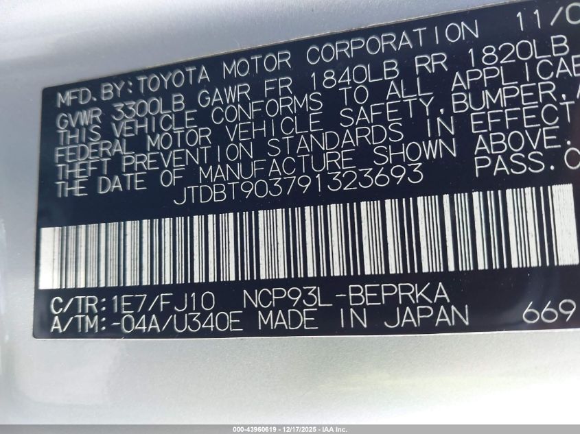 2009 Toyota Yaris VIN: JTDBT903791323693 Lot: 43960619