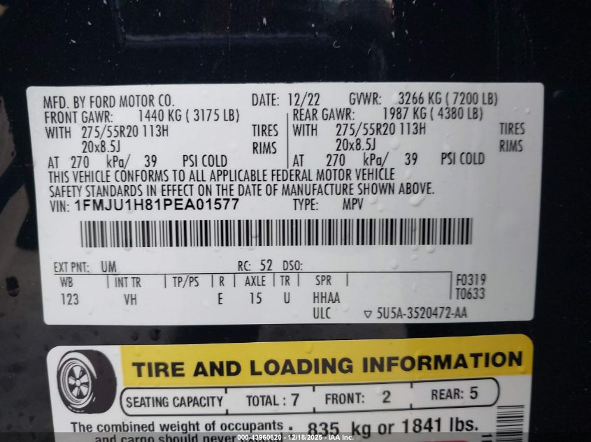 2023 Ford Expedition Xlt VIN: 1FMJU1H81PEA01577 Lot: 43960620