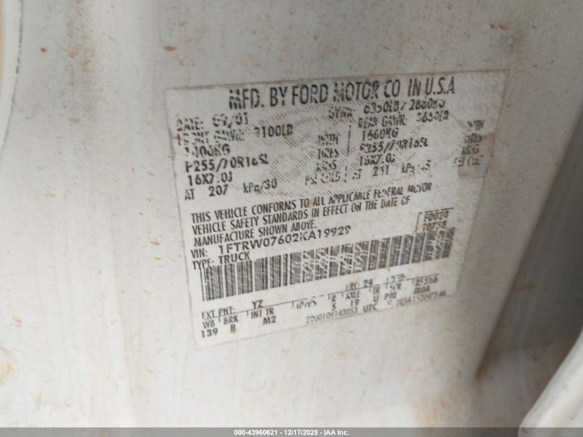 2002 Ford F-150 Lariat/Xlt VIN: 1FTRW07602KA19929 Lot: 43960621