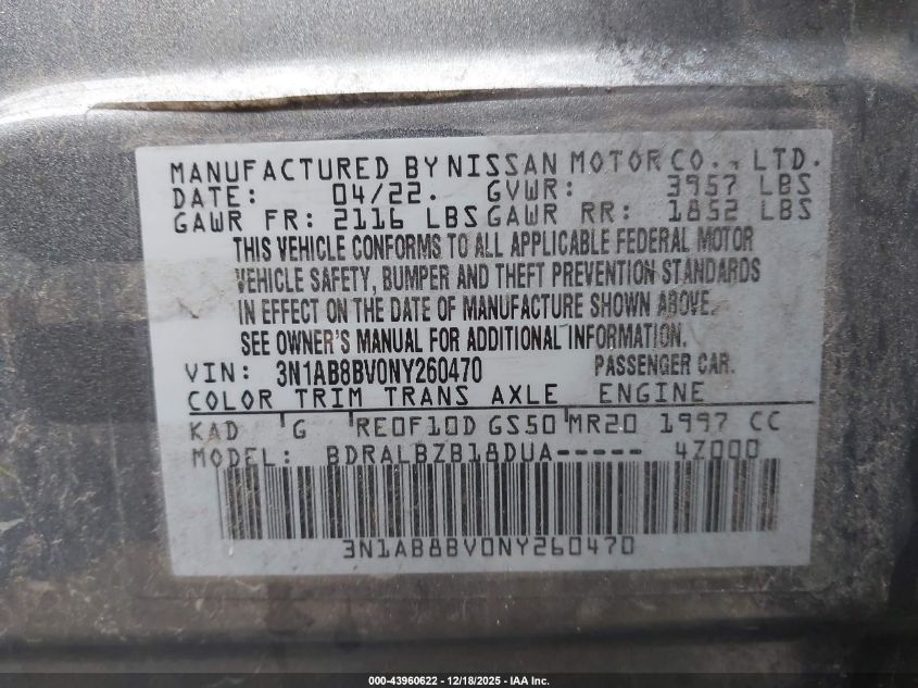 2022 Nissan Sentra S Xtronic Cvt VIN: 3N1AB8BV0NY260470 Lot: 43960622