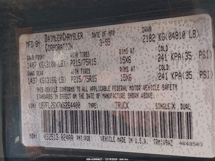 1999 Dodge Dakota Slt/Sport VIN: 1B7FL26X7XS264400 Lot: 43960627