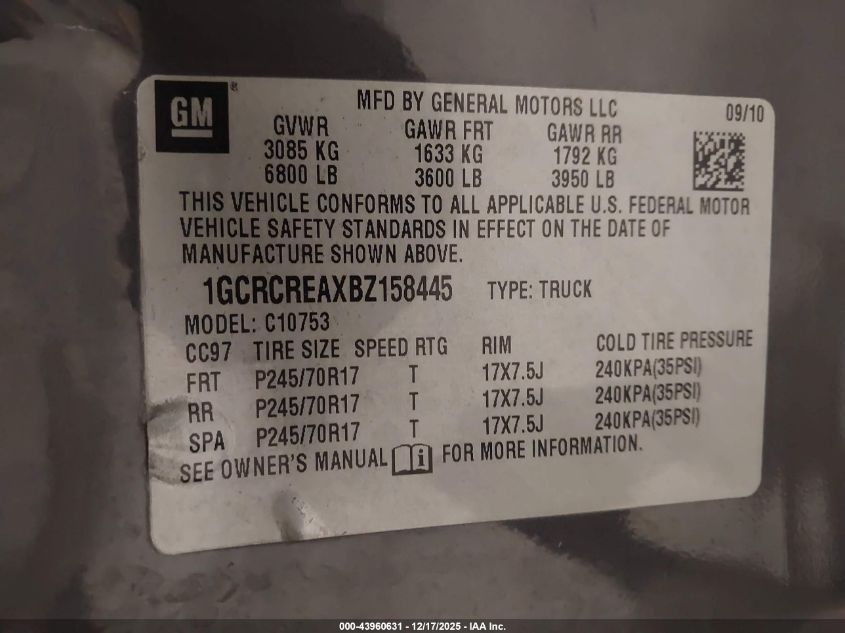 2011 Chevrolet Silverado 1500 Ls VIN: 1GCRCREAXBZ158445 Lot: 43960631