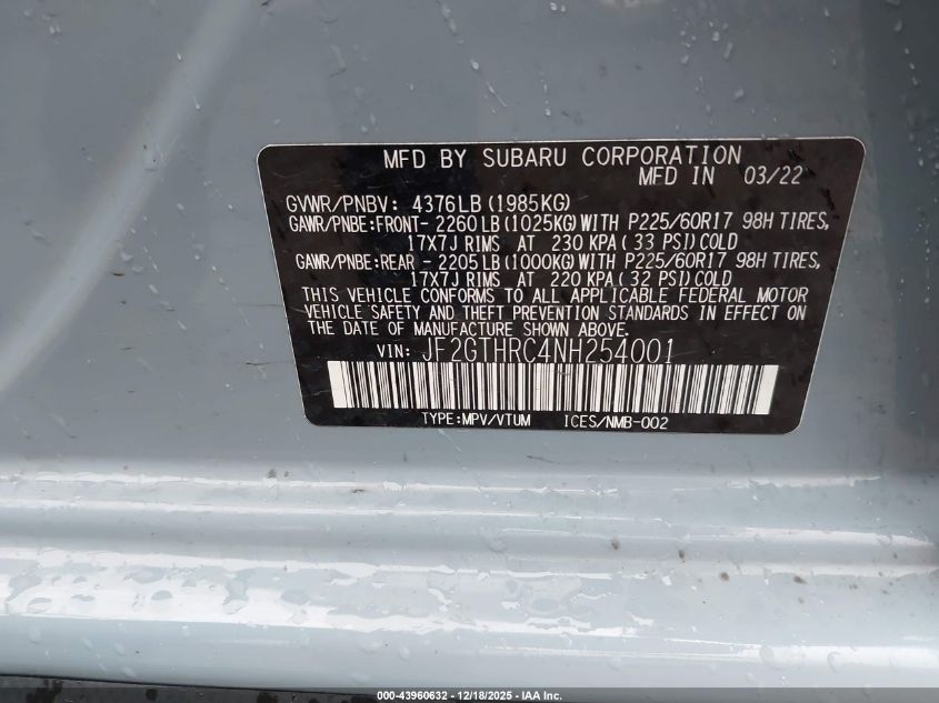 2022 Subaru Crosstrek Sport VIN: JF2GTHRC4NH254001 Lot: 43960632