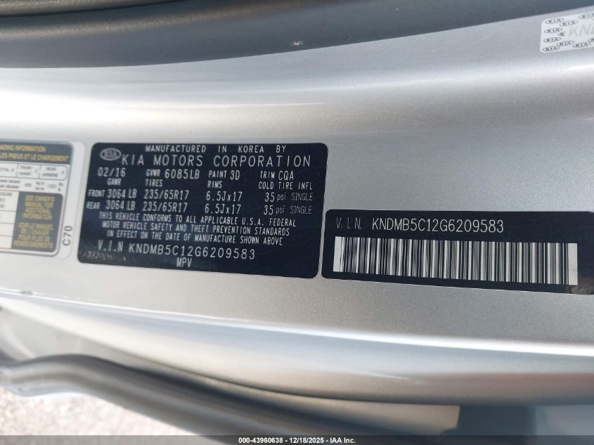 2016 Kia Sedona Lx VIN: KNDMB5C12G6209583 Lot: 43960638