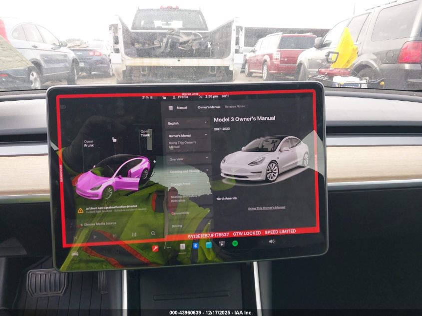 2018 Tesla Model 3 Long Range/Performance VIN: 5YJ3E1EB7JF178537 Lot: 43960639