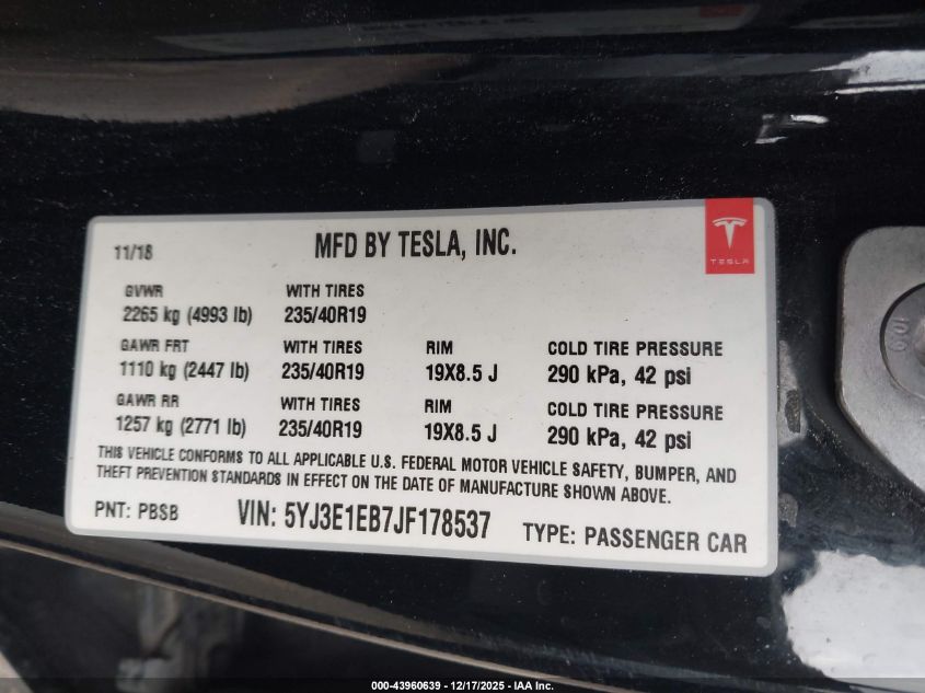 2018 Tesla Model 3 Long Range/Performance VIN: 5YJ3E1EB7JF178537 Lot: 43960639