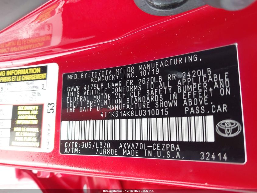 2020 Toyota Camry Xse VIN: 4T1K61AK8LU310015 Lot: 43960640