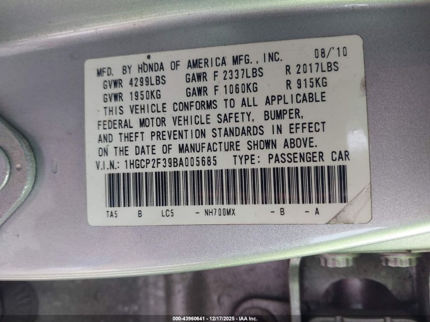2011 Honda Accord 2.4 Lx VIN: 1HGCP2F39BA005685 Lot: 43960641