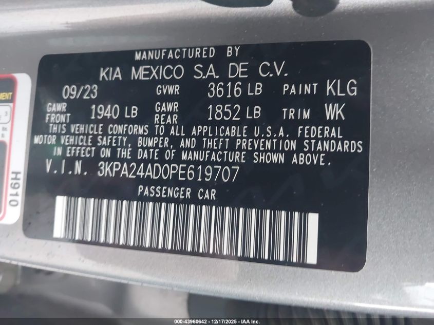 2023 Kia Rio S VIN: 3KPA24AD0PE619707 Lot: 43960642