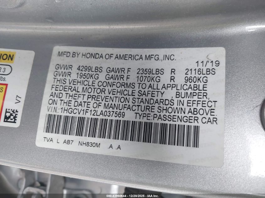 2020 Honda Accord Lx VIN: 1HGCV1F12LA037569 Lot: 43960644