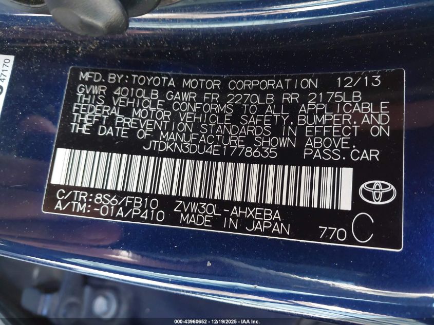 2014 Toyota Prius Three VIN: JTDKN3DU4E1778635 Lot: 43960652