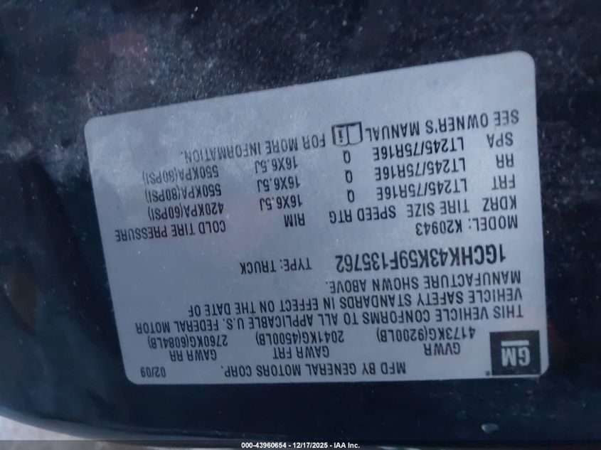 2009 Chevrolet Silverado 2500Hd Work Truck VIN: 1GCHK43K59F135762 Lot: 43960654