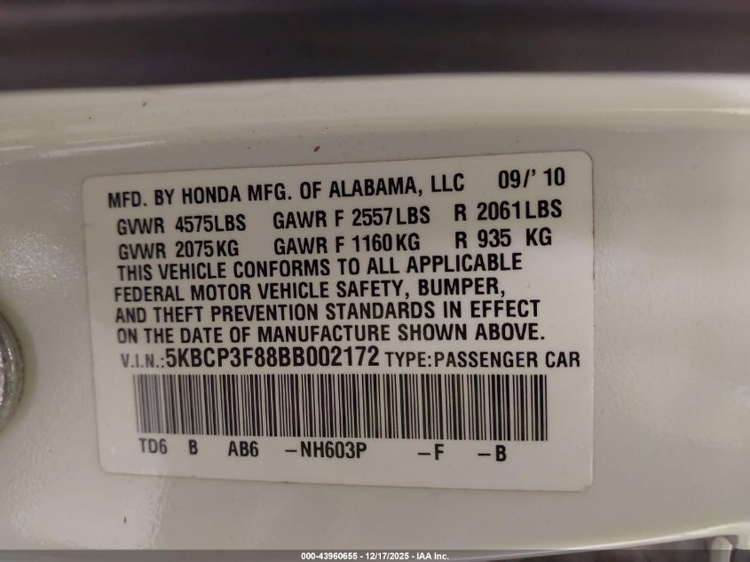 2011 Honda Accord 3.5 Ex-L VIN: 5KBCP3F88BB002172 Lot: 43960655