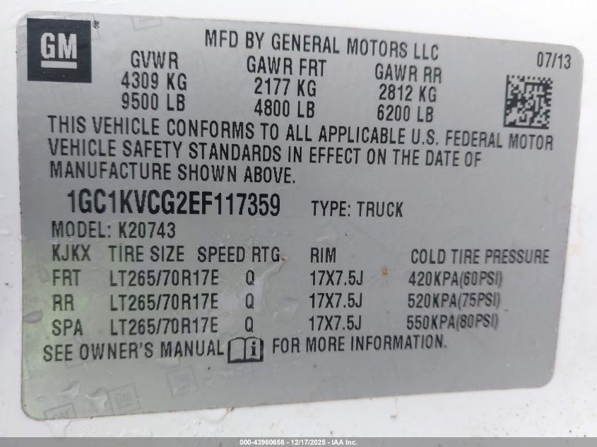 2014 Chevrolet Silverado 2500Hd Work Truck VIN: 1GC1KVCG2EF117359 Lot: 43960656