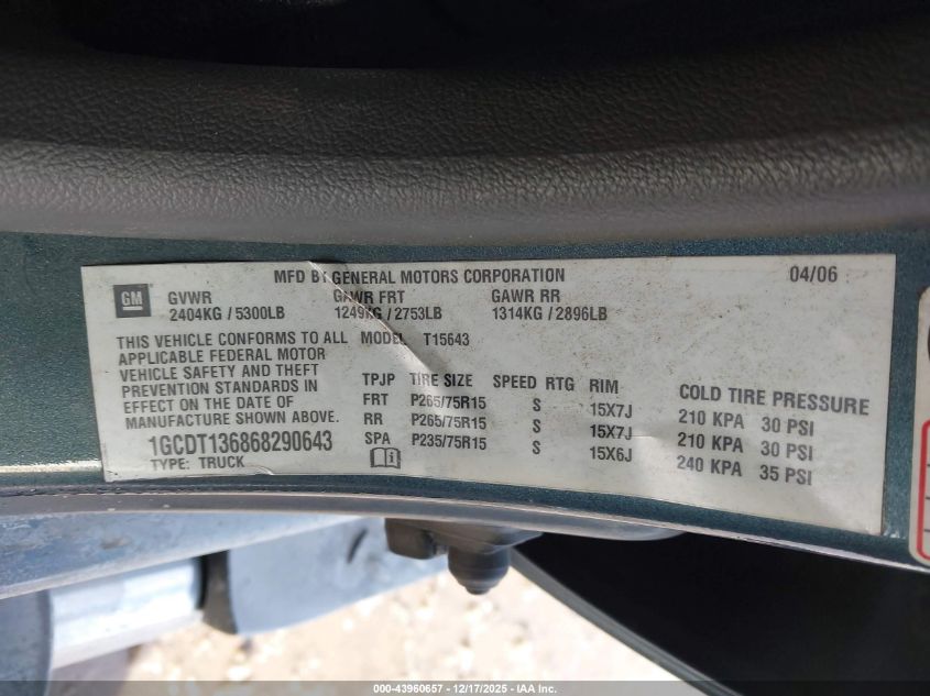 2006 Chevrolet Colorado Lt VIN: 1GCDT136868290643 Lot: 43960657