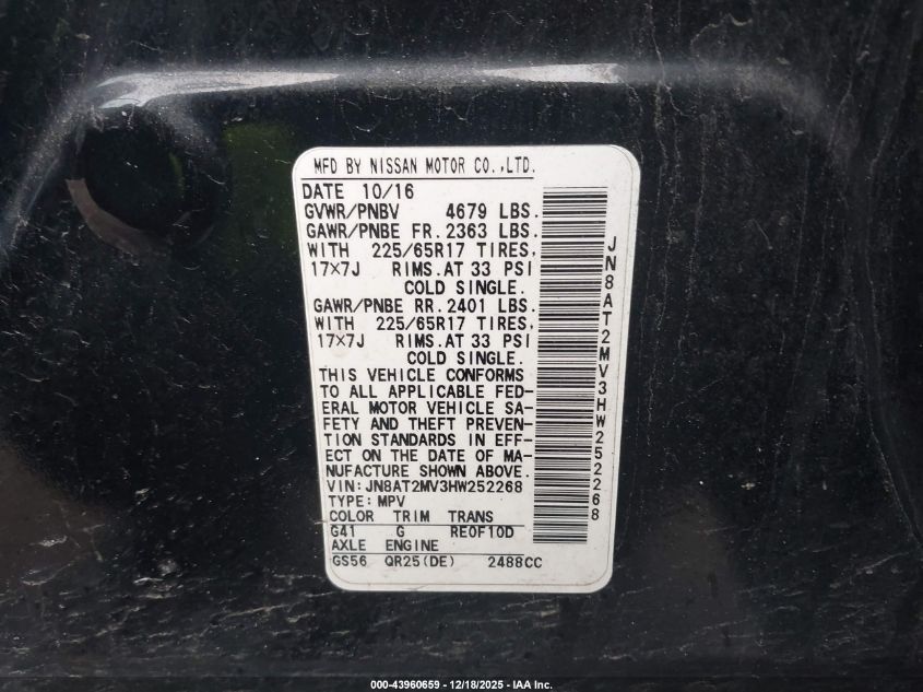 2017 Nissan Rogue S VIN: JN8AT2MV3HW252268 Lot: 43960659